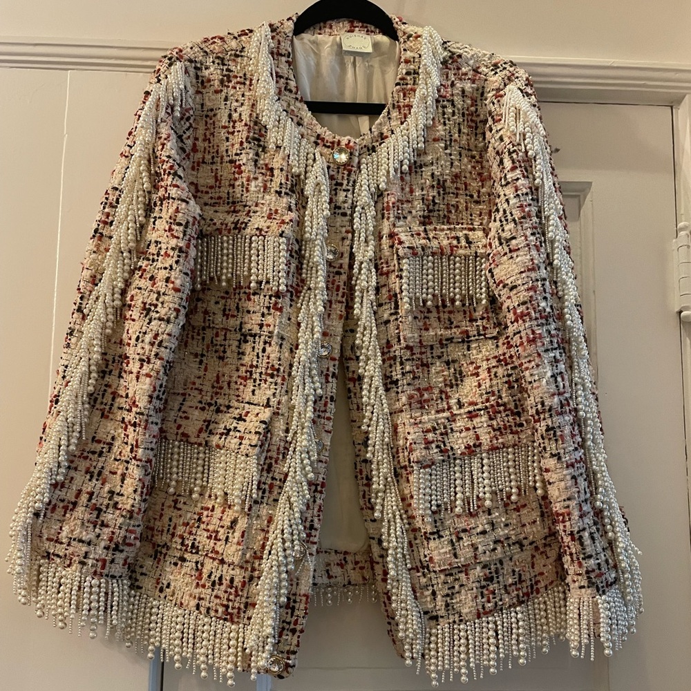 Faux pearl accented tweed jacket